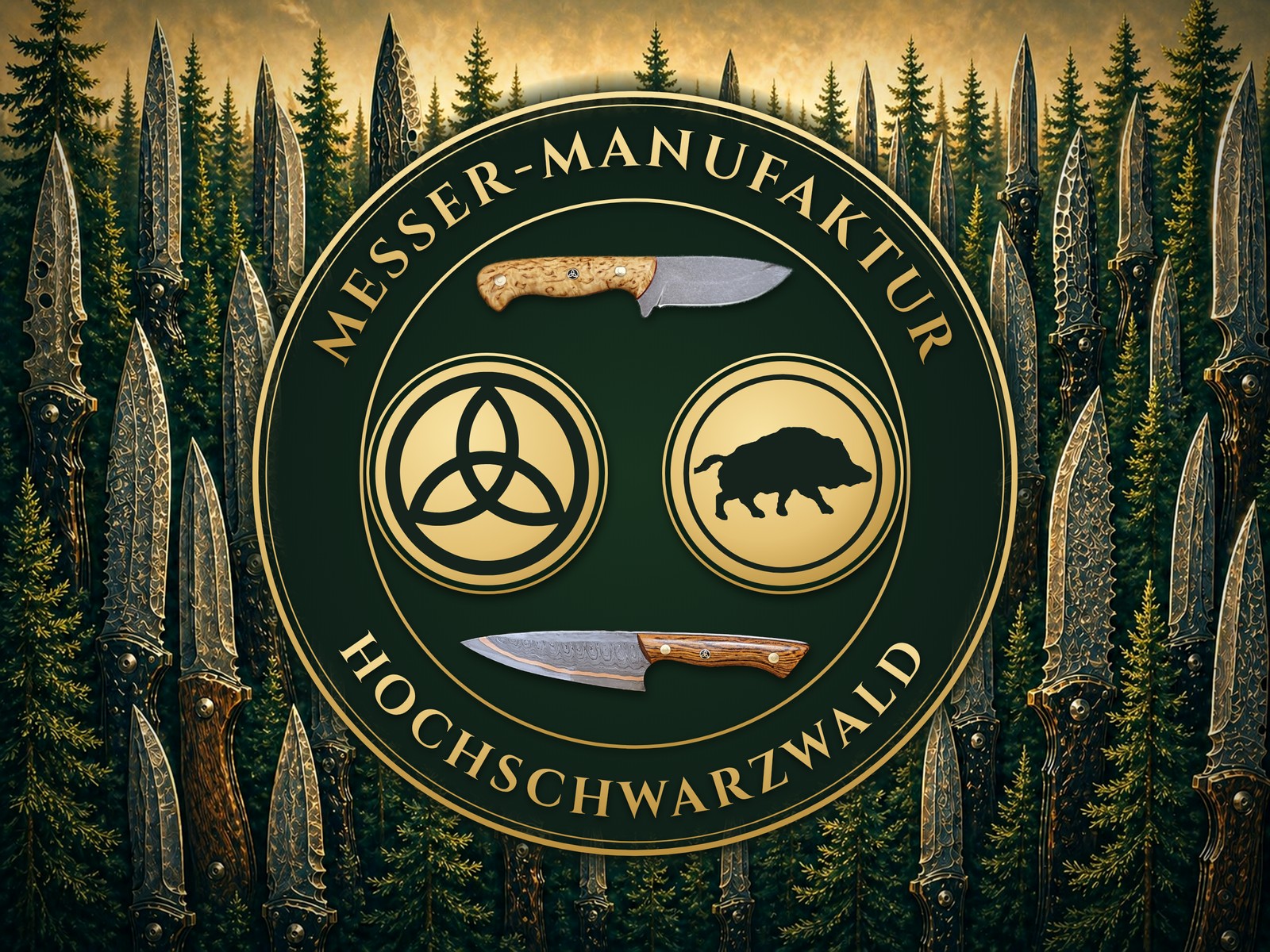 Logo der Messer-Manufaktur Hochschwarzwald: zwei gekreuzte Messer zwischen den Zeichen von Knifemaker Manfred (Triquetra) und Stephan Paul (Wildschwein), vor Schwarzwaldtannen